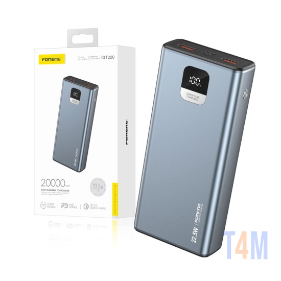 Power Bank Foneng GT200 com 3 Output 20000mAh 22.5W Cinza Metálica